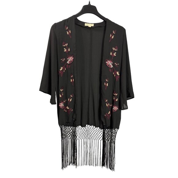 Urban Outfitters Staring At Stars Embroidered Kimono Fringe Hem Black Multicolor - Picture 1 of 7